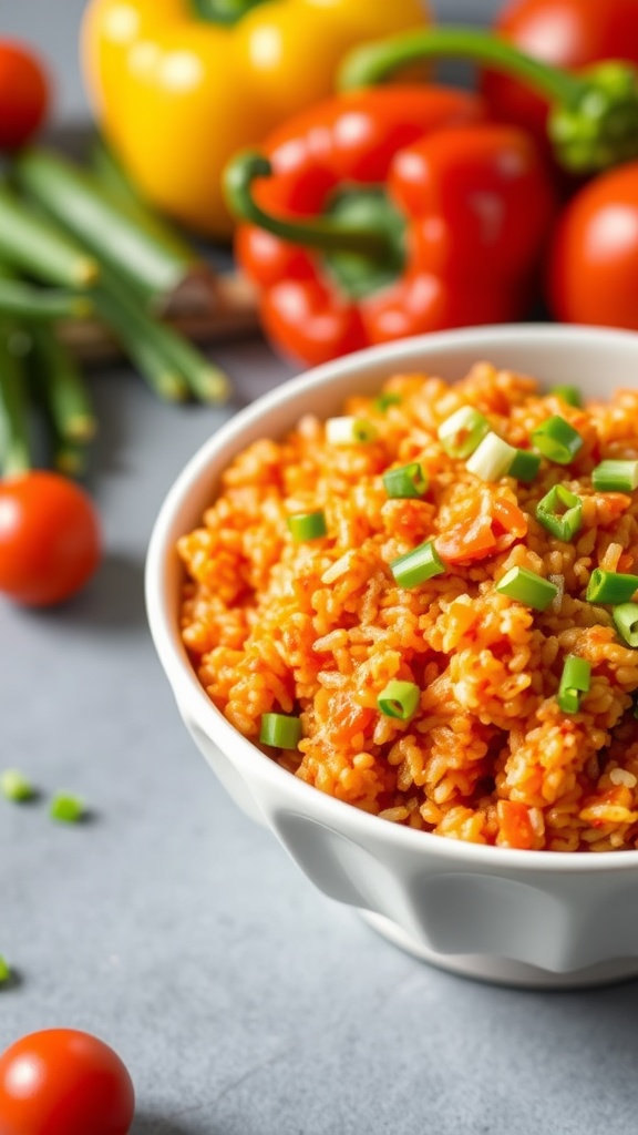 A bowl of quinoa jollof rice garnished with green onions, surrounded by fresh vegetables.